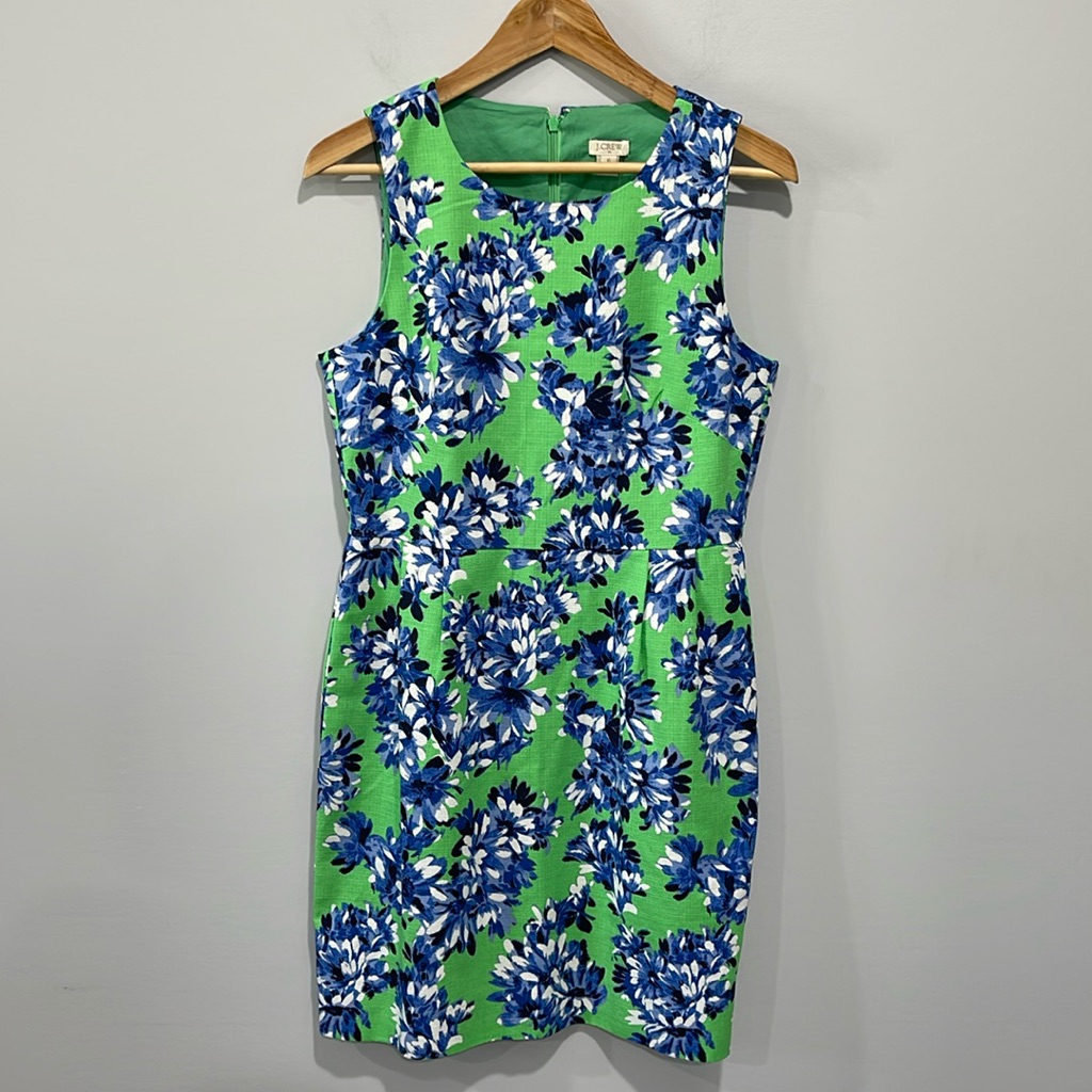 J.Crew Size 6 Dress Green Blue Floral Pattern Cotton Sheath Style Sleeveless